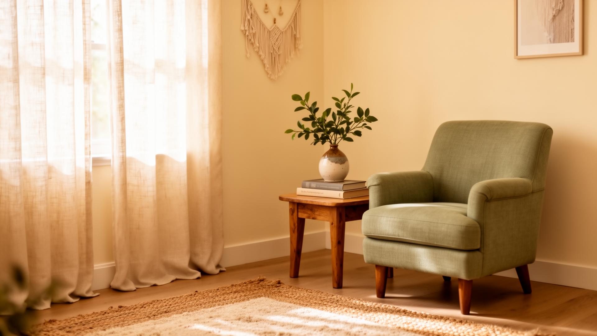 A calm, sunlit therapy room with a sage armchair, linen curtains, and a plant